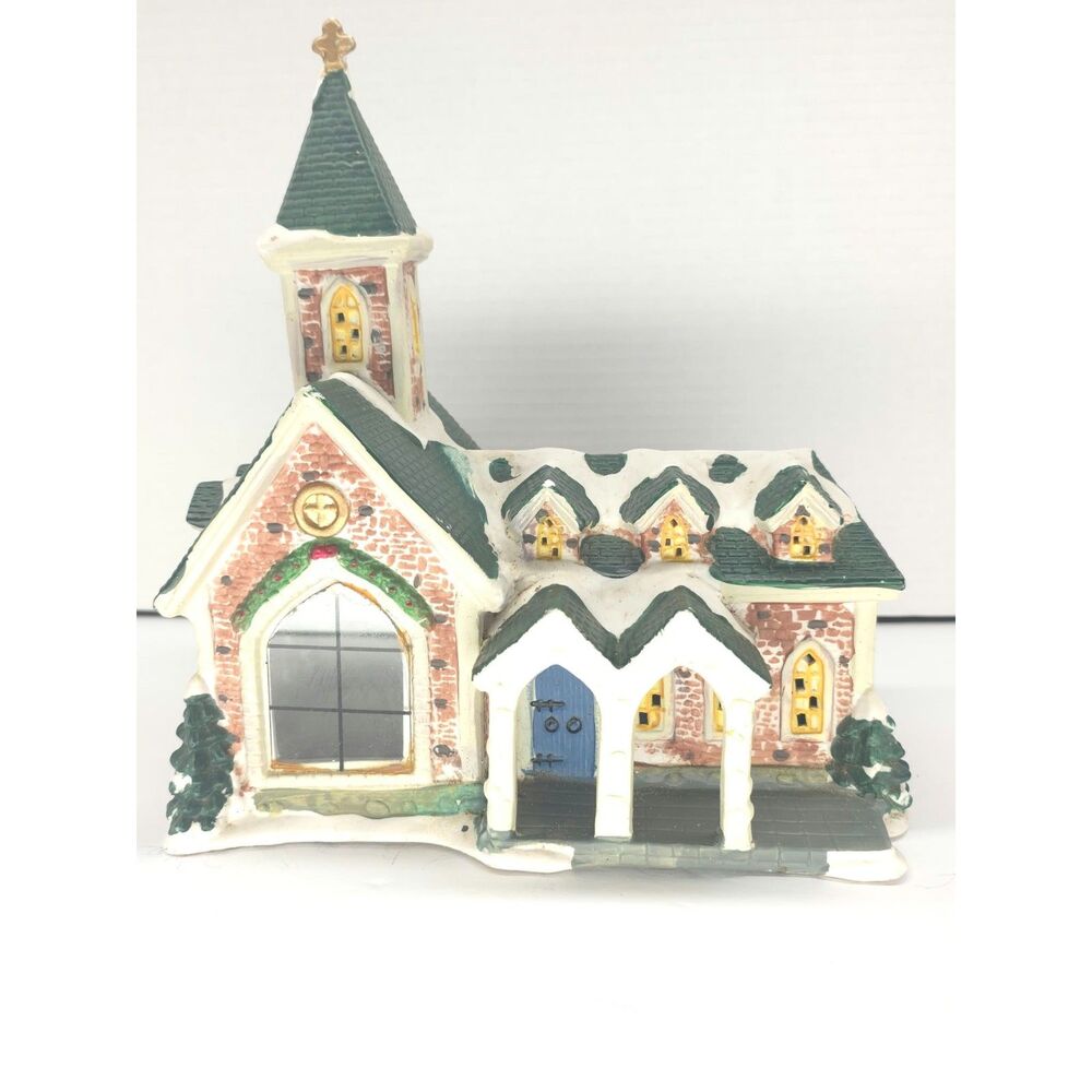 Lighted Christmas Village Church Ceramic Snowy Brick Chapel Steeple
